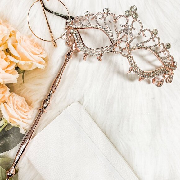 Handmade Accessories - Rose Gold Masquerade Mask with Stick, Crystal Masquerade Ball, Masquerade Ball